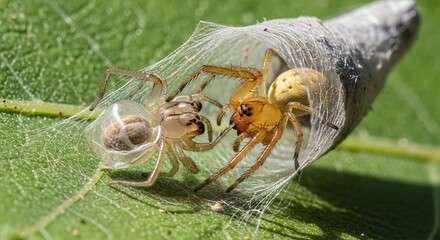 Spiderlings Emerging from Egg Sac on Leaf.