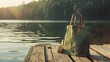 © Daryna Diakova - Canvas tote bag with leather handles sits on wooden dock by calm lake, surrounded by greenery and warm sunlight, creating a peaceful outdoor atmosphere