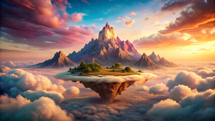 Wall Mural - Surreal floating desert mountain surrounded by dreamy glowing neon fantasy cosmic artwork  