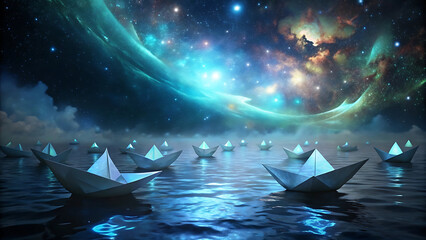 Wall Mural - Surreal floating paper boats glowing in a cosmic sea fantasy dreamy glowing surreal art  