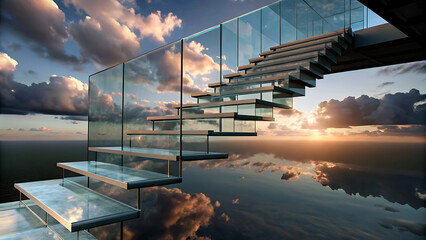 Wall Mural - Surreal glass staircase floating into dreamy cotton clouds glowing surreal fantasy art  