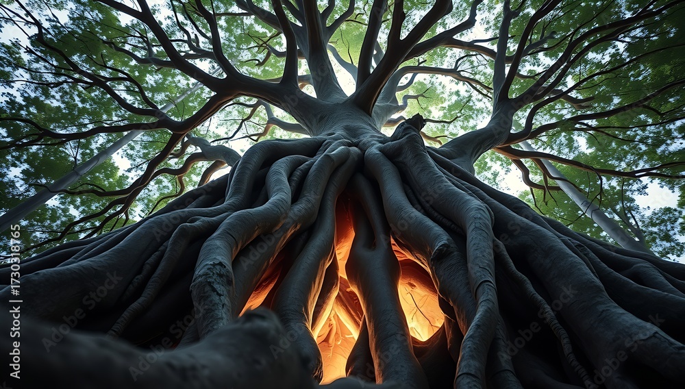 Lowangle view of a majestic ancient tree with a luminous glowing core ...