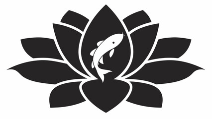 Wall Mural - Black lotus flower with a white koi fish swimming inside the blossom in a symmetrical design style