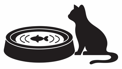 Wall Mural - Black silhouette of a cat sitting next to a bowl with a fish inside and ripple effects shown in it