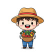 © geny - A cheerful farmer with a hat carrying a basket of fresh vegetables Vector illustration kawaii