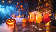 © Arda ALTAY - Colorful Halloween cocktails with smoke effect served on a festive bar decorated with pumpkins, candles, and string lights.