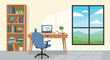 © AY - Cozy Home Office Setup with Desk, Chair, Bookshelf, and a Large Window with a Scenic Outdoor View, Bathed in Natural Sunlight