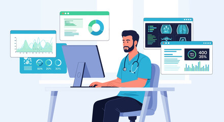 Doctor working at a computer with medical data visualizations floating around him.
