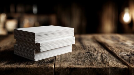 Wall Mural - A stack of crisp white blank cards rests on a weathered rustic wooden table ready for use