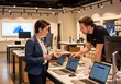 © Alze31 - Woman discussing laptop features with sales associate in modern electronics store, considering purchase with bright interior lighting and focused interaction.