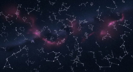 Wall Mural - Abstract Cosmic Background with Interconnected Constellations, Nebula, and Stars
A high-resolution, abstract cosmic background featuring a dense network of geometric constellations connected 