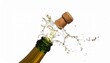 © Moon - Champagne bottle popping with cork mid-air and spray arcs on neutral background