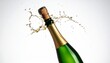 © Moon - Champagne bottle popping with cork mid-air and spray arcs on neutral background