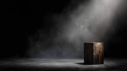 Wall Mural - A minimalist wooden podium on a textured floor illuminated by a dramatic spotlight through atmospheric smoke