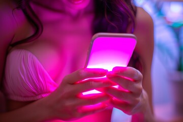 Woman s finger navigating a mobile app in a neon room, highlighting social media and marketing