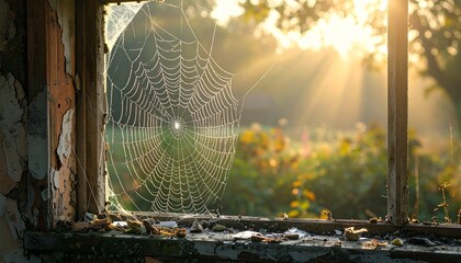 Spider web stretched across broken window frame