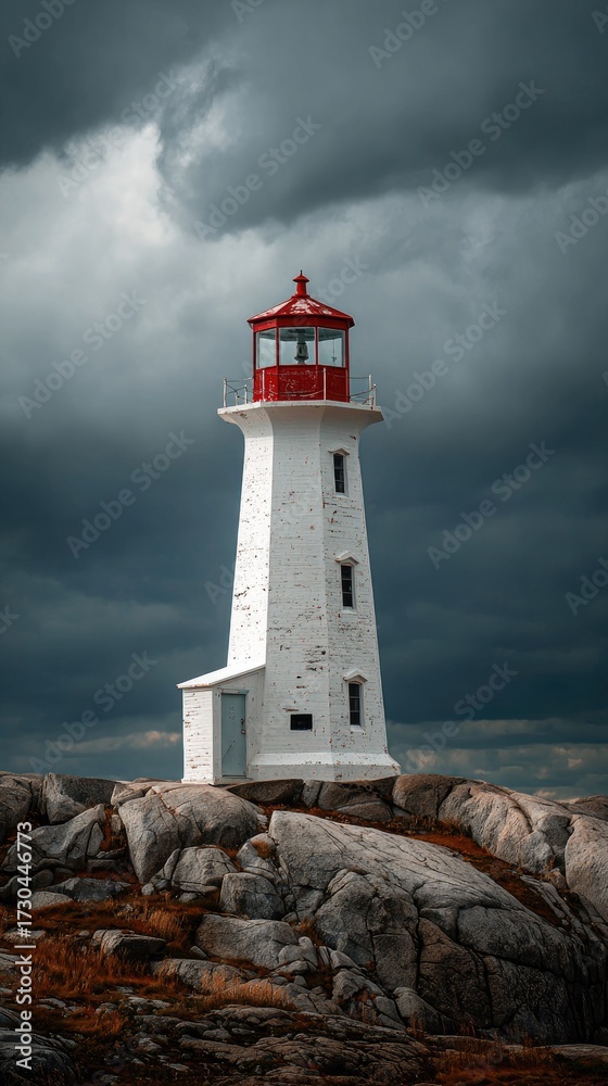 White lighthouse standing on rocky terrain against dark stormy sky