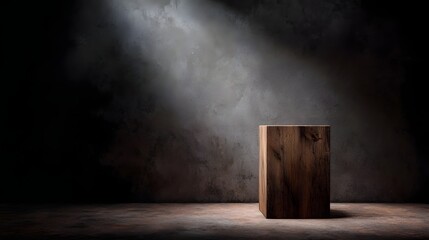 Wall Mural - A rustic wooden block serves as a display podium bathed in a spotlight against a dark textured studio backdrop