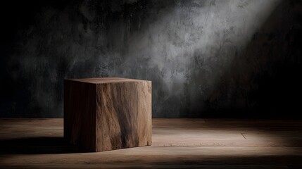 Wall Mural - A solid wooden cube rests on a wooden floor illuminated by a dramatic spotlight against a dark textured wall