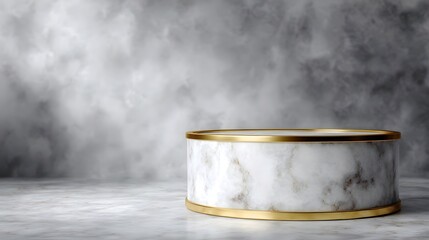 Wall Mural - Elegant round marble podium with gold trim on marble surface presented against a smoky grey atmospheric background