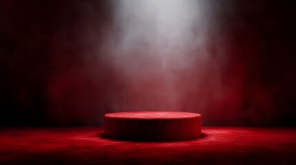 Wall Mural - An empty plush red podium rests on a red carpet stage illuminated by a dramatic spotlight with atmospheric fog