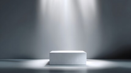 Wall Mural - A clean white podium stands illuminated by bright spotlights against a gradient grey studio background casting a subtle shadow