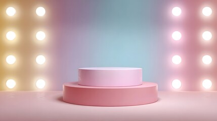 Canvas Print - A pastel pink geometric podium sits center stage with glowing studio lights and a soft gradient backdrop