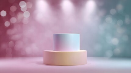 Canvas Print - A minimalist pastel gradient podium stands on a stage with soft glowing spotlights and bokeh effects