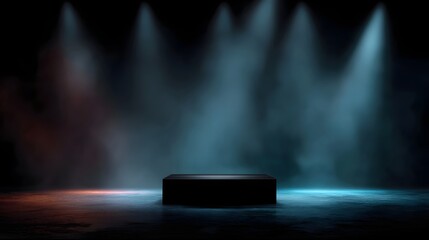 Wall Mural - Dramatic spotlight illumination on an empty black podium on a smoke filled stage