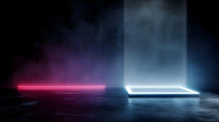 Wall Mural - A modern abstract futuristic stage or platform illuminated by vibrant neon lights and swirling atmospheric smoke in pink and blue tones