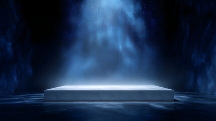 Wall Mural - Futuristic podium illuminated by dramatic blue spotlights and ethereal smoke against a dark atmospheric background
