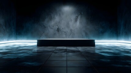Canvas Print - A dark futuristic room with a central podium and glowing blue lighting ideal for product display or presentation