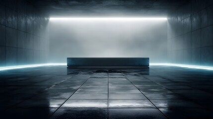 Wall Mural - A sleek modern futuristic interior with a glowing podium and abstract lighting