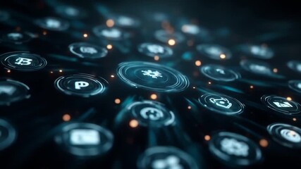 Digital interface with glowing icons representing technology and data