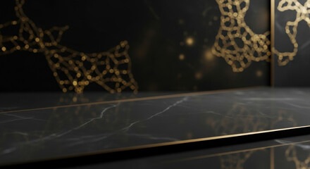 Dark marble surface with gold geometric pattern and bokeh lights image