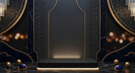 Dark luxury stage with gold accents and bokeh lights podium black