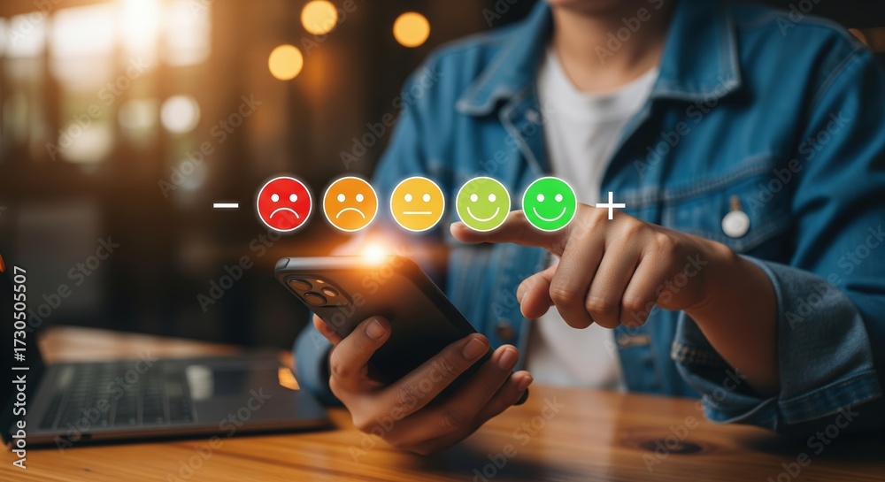 Ilustración de Stock Digital feedback collection concept: five emoji ...
