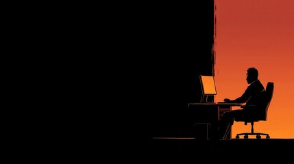 Silhouette of programmer in warm orange neon light coding environment