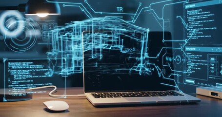 Double exposure of desktop computer and technology theme hologram. Concept of software development.