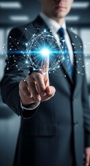 Businessman interacting with futuristic glowing digital network interface technology