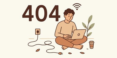 Vector illustration of a user encountering a 404 page not found error. A frustrated individual sits with a laptop, symbolizing a lost internet connection or website problem