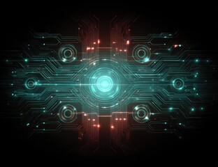 Abstract digital circuit board design with glowing lights on black background