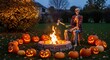 © Konate - Halloween scene skeleton by firepit surrounded by jackolanterns in backyard setting
