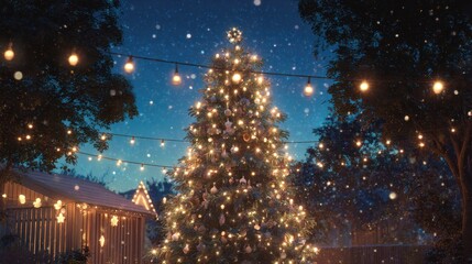 Wall Mural - a christmas tree adorned with twinkling lights and ornaments set against the backdrop of a festive holiday setting potentially outdoors during the evening