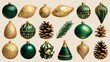 © Johannes - a delightful collection of gold and green christmas ornaments pine cones and festive shapes isolated on transparent background