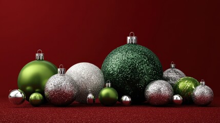 Wall Mural - green and silver christmas glass decorations on red velvet backgrund with copy space generated image