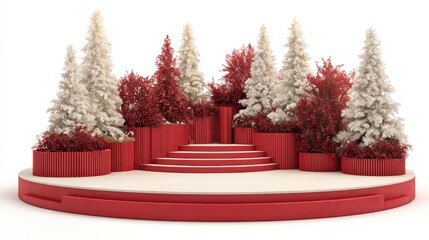 Wall Mural - christmasthemed podium display featuring festive red decor and holiday trees