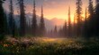 © MuhammadHassaan - A sunrise-lit alpine forest with blooming underbrush of woodland flowers and tall pine trees