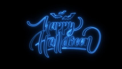 Vibrant neon blue 'Happy Halloween' calligraphy glowing on a dark background, perfect for spooky season celebrations and festive digital designs