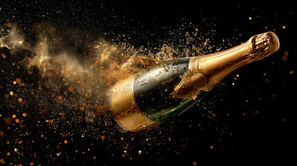 Champagne bottle exploding with splash on black background  